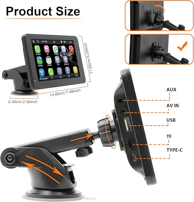 Portable Carplay Screen for Car, 7" HD Touchscreen Car Stereo with Wireless Android Auto, Car Audio Receivers with Backup Camera/GPS Navigation/Mirror Link/Voice Control/Bluetooth