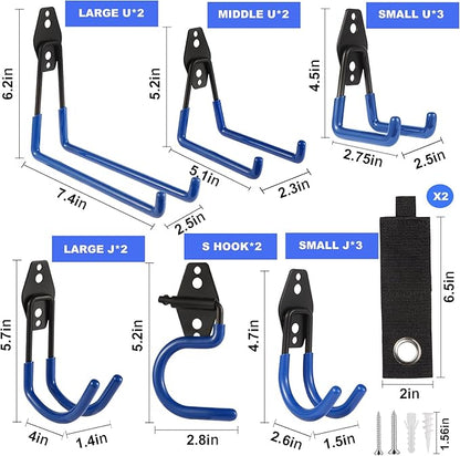 Garage Hook Heavy Duty Wall Storage Hangers, 16 Pack Garage Storage Hooks Steel Tool Organizer Blue for Ladders, Ropes, Garden Tools