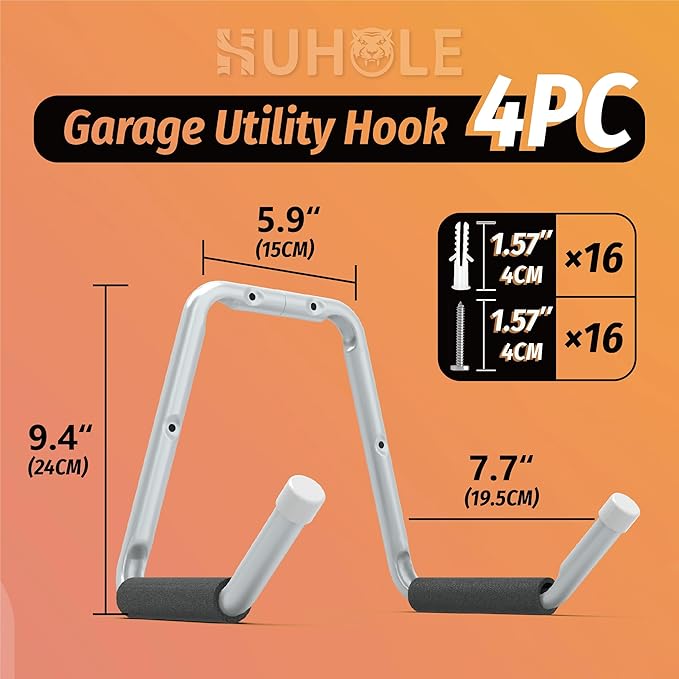 HUHOLE Garage Jumbo Utility Hanger, U Shape Tool Bracket for Garage Wall - 100lbs Load-Bearing, Protective Foam & Cap, Rust-Resistant, Scratch-Proof for Homeowners, DIY Enthusiasts, Contractors