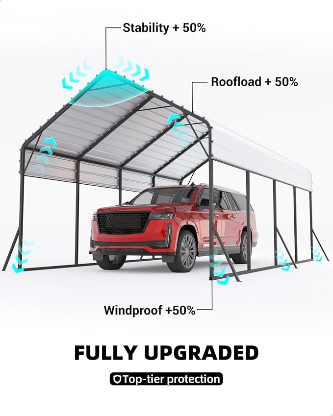 13'x21'x11' Oversized Metal Carport, Steel Heavy Duty Carport for All-Weather, Permanent Shelter for Bass Boats, Pickup Trucks, and Tractors, N.W. 660 Lbs