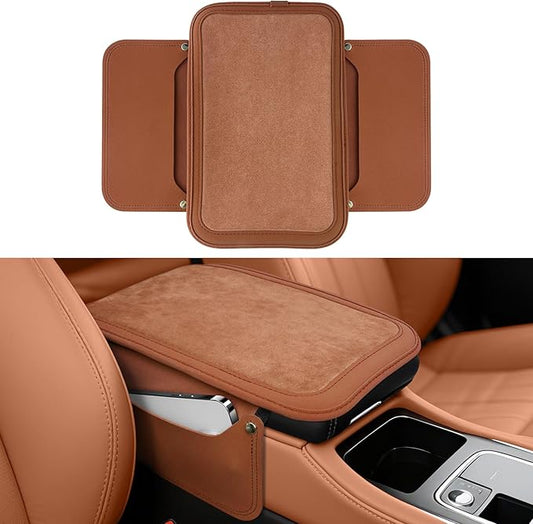 SINGARO Car Leather Center Console Cover with 2 Storage Bags, Universal Furry Fluffy Car Armrest Seat Box Pad, Comfortable Car Interior Accessories, Fits for Most Vehicles (Orange)