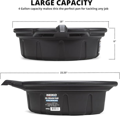 NEIKO 20760A Large Oil Drain Pan, 4 Gallon (16L) Capacity, Black Plastic Anti Splash Oil Pan, Motor Oil Drip Catcher Pan, Non Spill Pour Spout, Oil Catch Pan for Changing Oil, Oil Drain Container