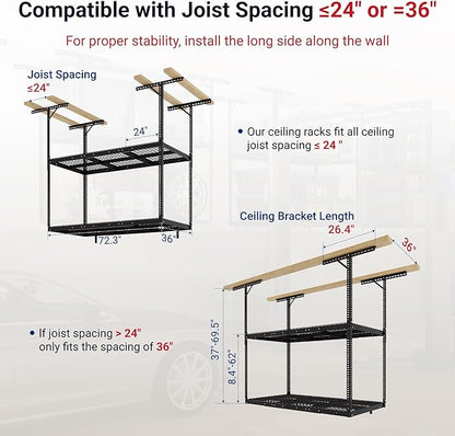 FLEXIMOUNTS 3x6 2-Tier Overhead Garage Storage Rack – Adjustable Heavy Duty Metal Garage Ceiling Storage Racks, 880 lbs Capacity – Garages Organization System for 10–15 ft Tall Garages, Black