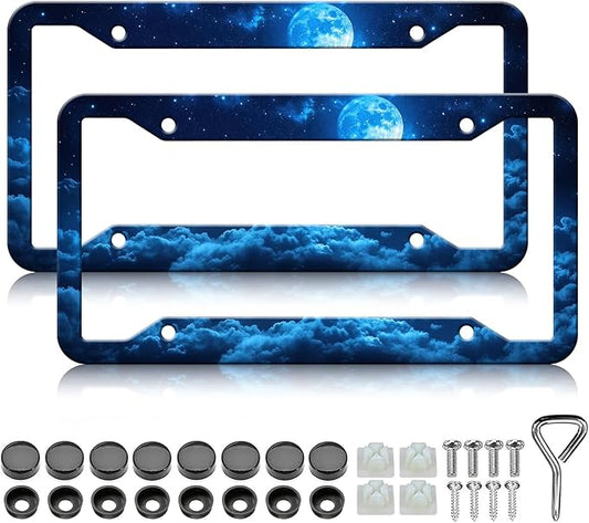 Moon Galaxy Starry Sky License Plate Frames - 2 Pack Night Sky License Plate Holder,Stainless Steel Rust-Proof Waterproof Car Decorative Tag Frame with Screws Fasteners Caps