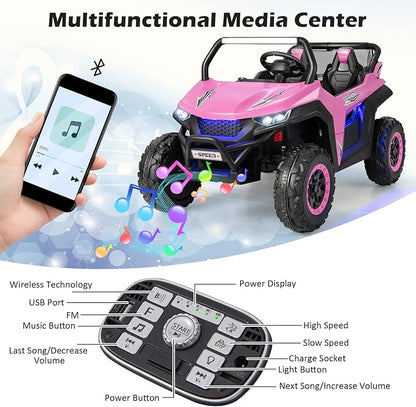 Costzon 2-Seater Ride on Car for Kids, 12V Kid' Electric Vehicles w/Remote Control, 4 Shock Absorbers, Wireless Music & FM, 3 Speeds, Ambiance Lights, Electric UTV, Kids Car for Boys Girls (Pink)