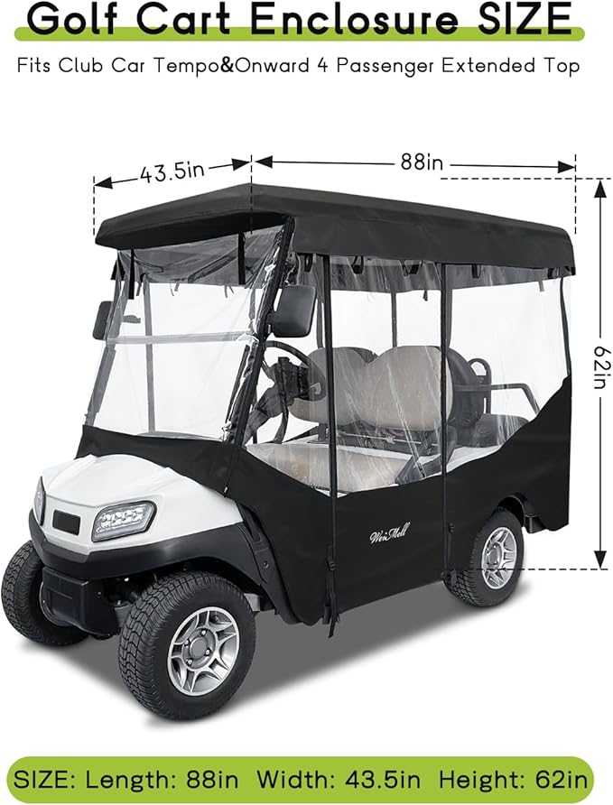 Golf Cart Enclosure 4 Passenger for Club Car Tempo Onward Extended Roof Waterproof Transparent Driving Rain Cover Fit 4-Seater with 4-Sided Clear Windows Mirror Zipper Roll-up Door Black