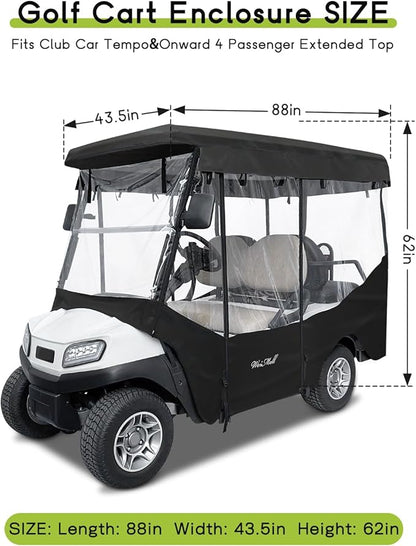 Golf Cart Enclosure 4 Passenger for Club Car Tempo Onward Extended Roof Waterproof Transparent Driving Rain Cover Fit 4-Seater with 4-Sided Clear Windows Mirror Zipper Roll-up Door Black