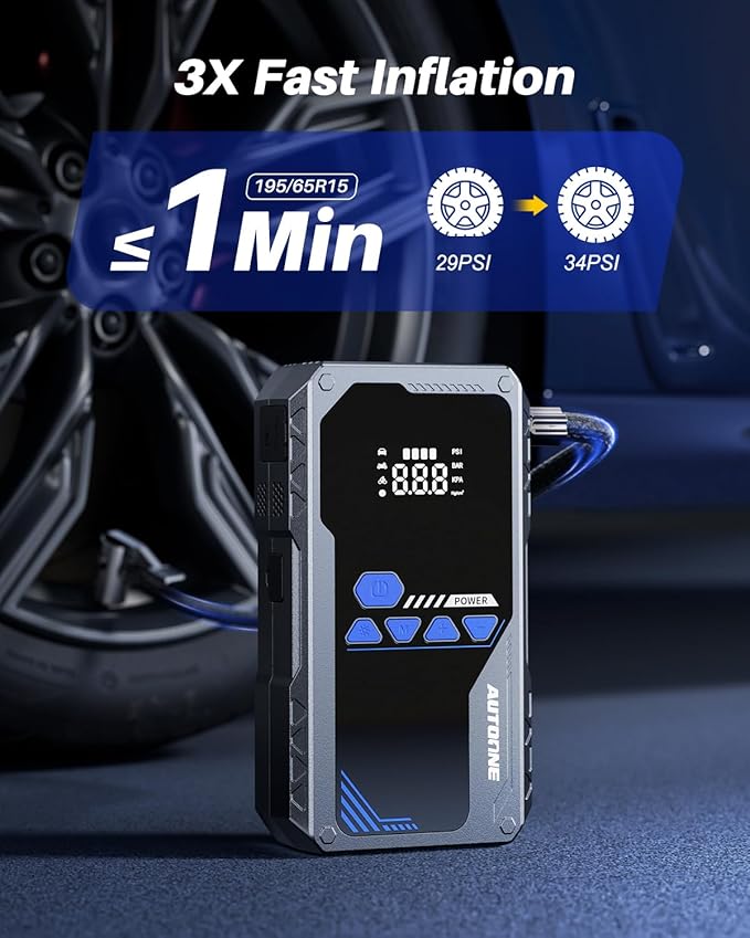 AUTOONE 5000A Jump Starter with Air Compressor (All Gas/10L Diesel), 150PSI Car Battery Jumper Starter Portable, Jump Box Tire Inflator with LED Flashlight, LCD Display, Storage Case