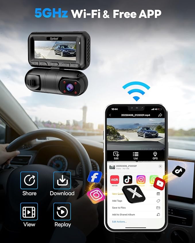SPRLEAF 4 Channel Dash Cam with Front Cabin Rear Cabin Cameras, 360 Degree View Dash Camera for Cars, Built-in GPS, 5GHz WiFi, IR Night Vision, 24H Parking Monitor, G-Sensor, Free 128GB Card, 1080P*4