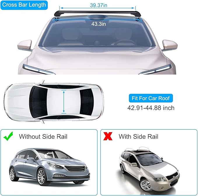 43inch Universal Car Roof Rack, Aluminum Car Roof Rack Cross Bars, Anti-Theft Lock, Adjustable Window Frame for Bike Kayak Cargo Luggage, 42.91-44.88 inch Distance Between Rain Grooves, 165LBS Load