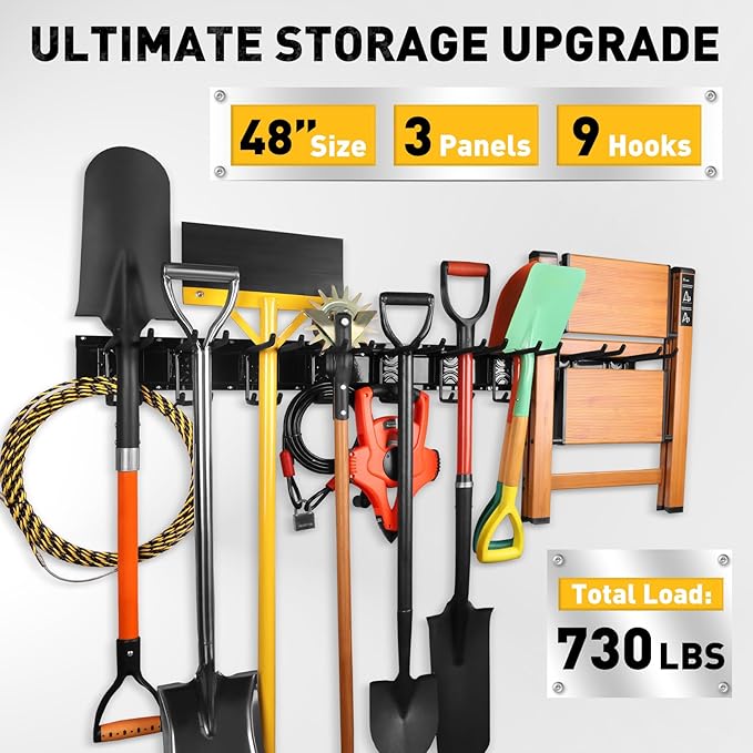 ELEAD 48 Inches Garage Storage, Garage Organization, Garden Tool Organizer Wall Mount, 9 Adjustable Heavy Duty Metal Hooks, Holds Up to 730 lbs, Yard Tool Organizer for Garden, Yard, and Shed