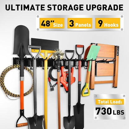 ELEAD 48 Inches Garage Storage, Garage Organization, Garden Tool Organizer Wall Mount, 9 Adjustable Heavy Duty Metal Hooks, Holds Up to 730 lbs, Yard Tool Organizer for Garden, Yard, and Shed