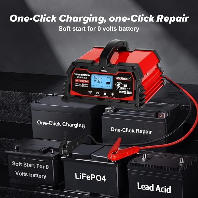 Battery Charger 40A, 12V/24V Lead Acid Smart Battery Charger, 12V LiFePO4 Car Battery Trickle Charger, Automatic Battery Maintainer for Car Motorcycle Lawn Mower Marine Boat Lead Acid Batteries
