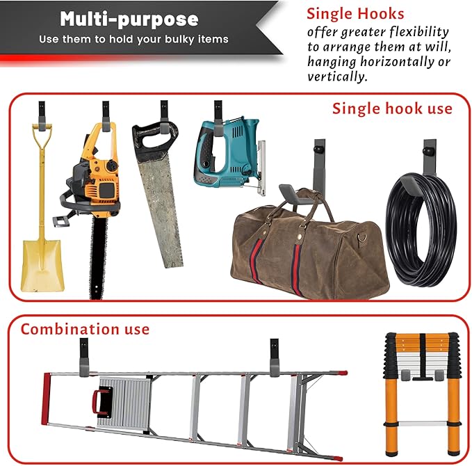 Garage Hooks for Hanging Heavy Duty, Ladder Hooks for Garage Wall Hanger, Metal J Utility Hooks, Shovel Holder Wall Mount Hooks, Garden Tool Organizer Storage for Helmet, Backpack-6Pack