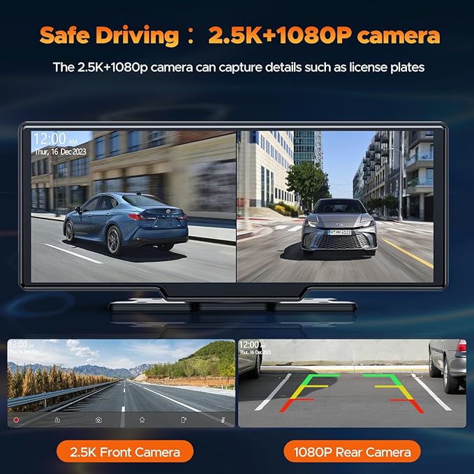 Volam Wireless Carplay Screen for Car with 2.5K Dash Cam, 1080p Backup Camera, 9.26" Portable Car Stereo with Apple Carplay Android Auto, Mirror Link, Loop Recording, GPS Navigation, AUX/FM