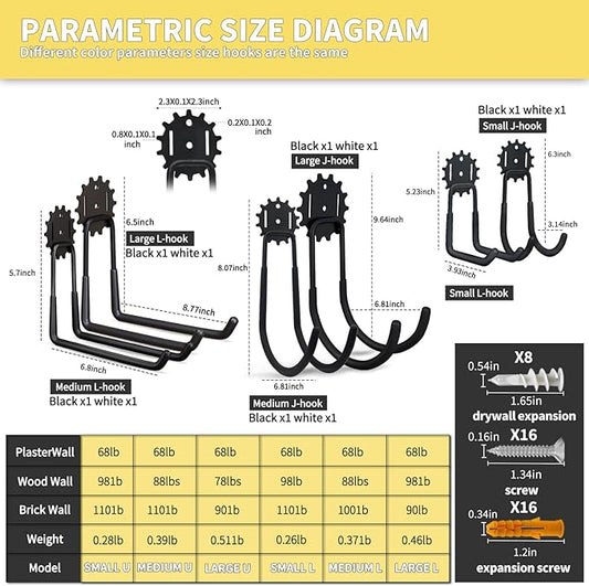 Garage Hooks Black & White 12 Pack, Heavy Duty Steel Tool Storage Utility Hook Organizing Power Tools, Wall Mount Holder for Bike, Ladder and Garden Chairs