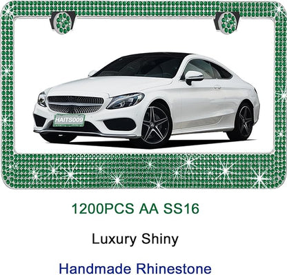 2 Pack License Plate Frames for Women, Sparkly Rhinestone Diamond Car Accessories with Glitter Crystal Caps (Green(2PCS))