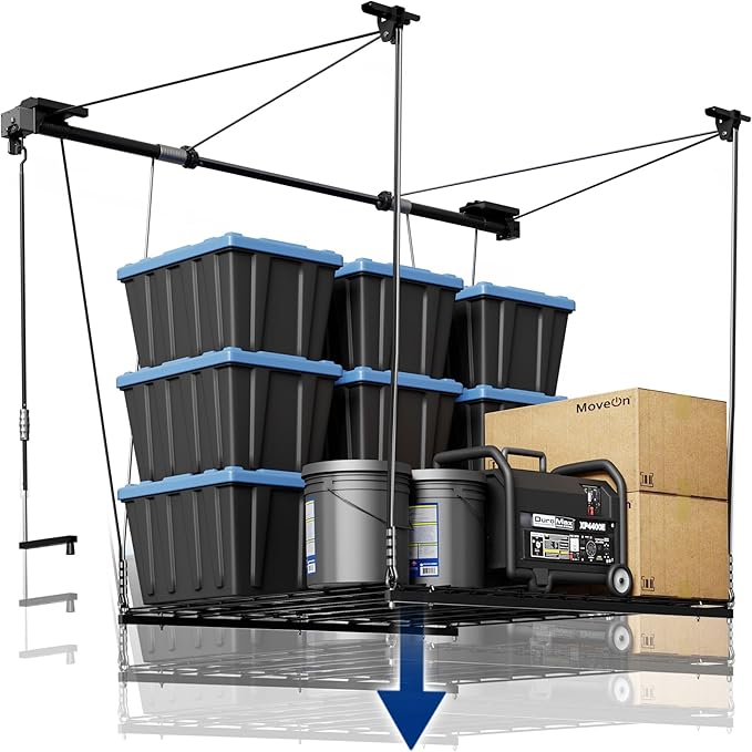 FLEXIMOUNTS Overhead Garage Storage Rack, 4x4 Ft Heavy-Duty Garage Ceiling Storage Racks, Adjustable Organization System with 71'' L Axle, 300lbs Weight Capacity, Carbon Black