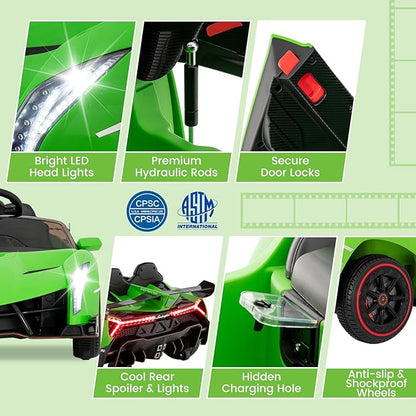 Costzon Ride on Car, Lamborghini Licensed 12V Battery Powered 4WD Sports Car with Remote Control, 3 Speeds, Hydraulic Doors, LED Lights, Towing Wheel, Horn, Music, Electric Vehicle for Kids Aged 3-8