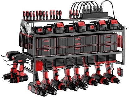 Power Tool Organizer Wall Mount with Charging Station, 3 Layer Storage Rack and Tool Holder for Garage Organization, 8 Drill Holder Wall Mount and 6 Outlet Power Strip
