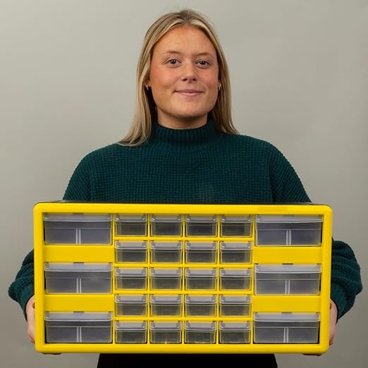 Akro-Mils 26-Drawer Plastic Drawer Storage Cabinet for Garage Organization, Bead Organizer, Building Bricks Storage, Teacher Toolbox, Makeup Organizer, 20-Inch W x 6-Inch D x 10-Inch H, 10126 Yellow