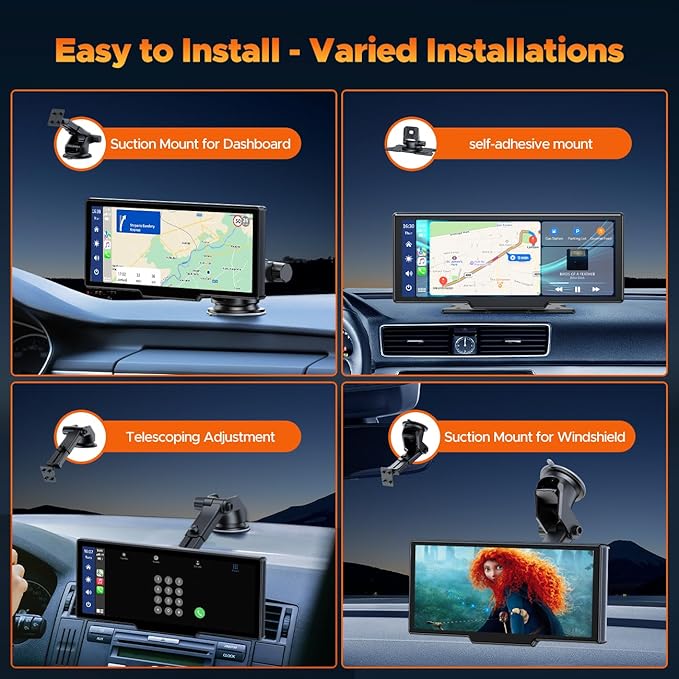 Volam Wireless Carplay Screen for Car with 2.5K Dash Cam, 1080p Backup Camera, 9.26" Portable Car Stereo with Apple Carplay Android Auto, Mirror Link, Loop Recording, GPS Navigation, AUX/FM