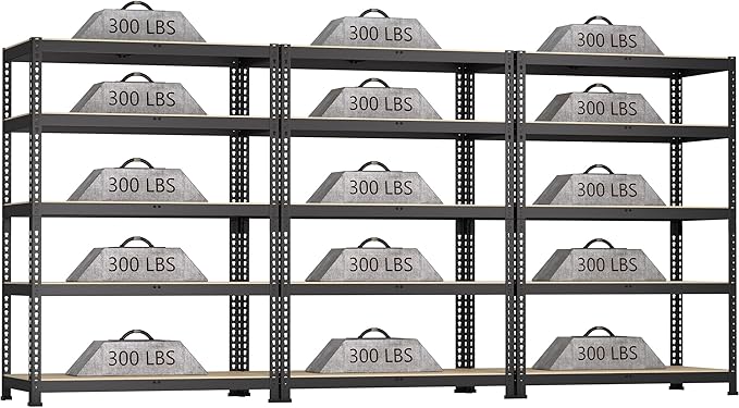 3 Packs 35.5" W x 16" D x 71" H Adjustable Garage Storage Shelves - 5-Shelf Heavy Duty Shelving Unit, Metal Utility Storage Organizer Racks for Warehouse Pantry Closet Kitchen, Black