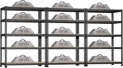 3 Packs 35.5" W x 16" D x 71" H Adjustable Garage Storage Shelves - 5-Shelf Heavy Duty Shelving Unit, Metal Utility Storage Organizer Racks for Warehouse Pantry Closet Kitchen, Black