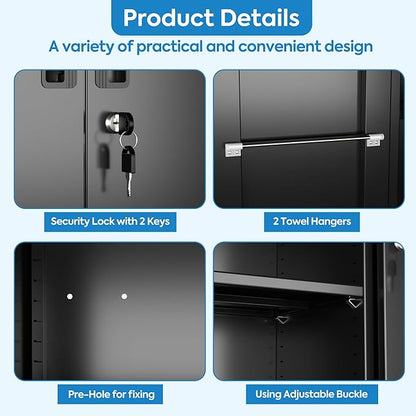 Garage Storage Cabinet with Wheels and 5 Pegboard, 71" H Metal Storage Cabinets with 2 Locking Doors and 4 Shelves, Broom Closet Storage Cabinet with Hanging Rod and 13 Hooks, Black