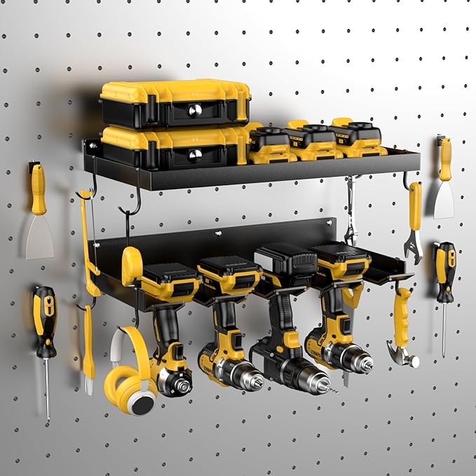 Power Tool Organizer Wall Mount with 4 Drill Holder, Formed Integrally Heavy Duty Garage Tool Organizers and Storage with Hooks for Battery, Tool Box, Screwdriver, Plier and Hammers Gifts for Men