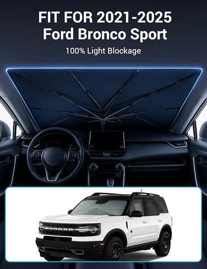 Proadsy Windshield Sun Shade Umbrella for Ford Bronco Sport 2021-2025 2026 Foldable Car Umbrella Sunshade with Soft TPU Handle Spring Structure Crystal Cooling Material Protect Car from Rays & Heat