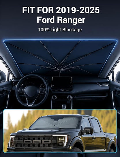 Proadsy Windshield Sun Shade Umbrella for Ford Ranger 2019-2025 2026 Foldable Car Umbrella Sunshade with Soft TPU Handle Spring Structure Crystal Cooling Material Protect Car from Rays & Heat