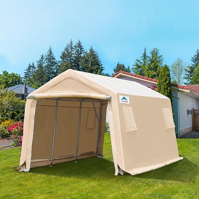 ADVANCE OUTDOOR 10X15 ft Garage Shelter Steel Metal Peak Roof Portable Storage Shed Carports for Motorcycle Boat, or Garden Tools with 2 Roll up Doors & Vents, Beige