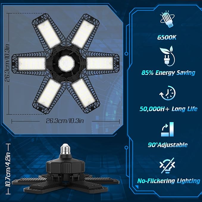 ISKYDRAW Garage Lights Bulb - 6 Pack 200W Garage Lights Ceiling LED 20000LM 6500K Led Shop Light with 6 Deformable Panels, Screw in E26 E27 Socket Basement Lighting for Workshop Barn Attic
