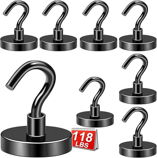 DIYMAG Black Magnetic Hooks, 118 LB Heavy Duty Strong Magnets with Hook, Rare Earth Neodymium Magnet for Cabins Cruise Ship Essentials 8 Packs