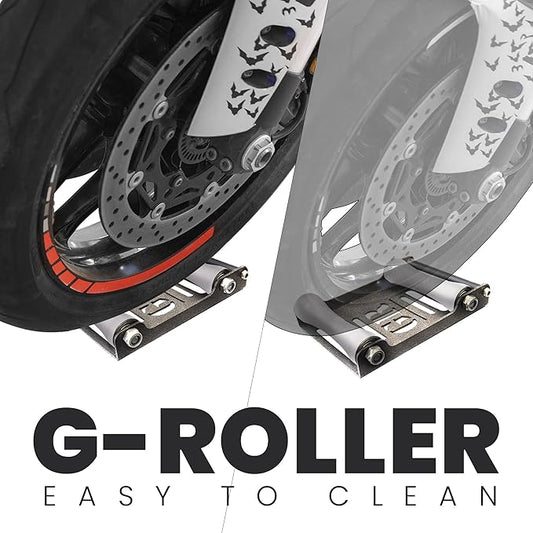 GRAND PITSTOP Motorcycle Roller Wheel Cleaning Stand - Paddock Stand Replacement - Wheel Roller Stand with Ramp Support for tire Cleaning & Chain Lubrication (Roller Large Antic Silver)