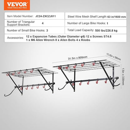 VEVOR Bike Storage Rack, 4 Bike Racks, Wall Mount Bike Storage Hanger with 2 Shelves, Home and Garage Organizer, Customizable for Various Bike Sizes, Adjustable Holder, Holds Up to 500 lbs, 63-inch