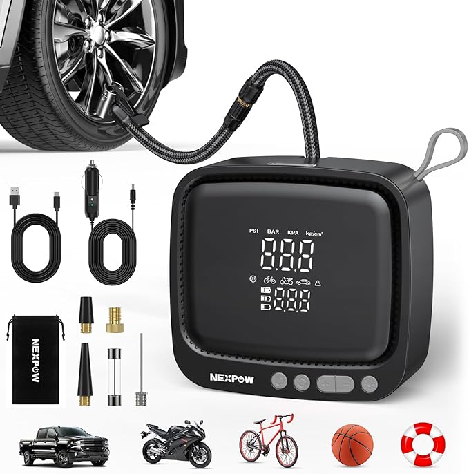 NEXPOW Tire Inflator Portable Air Compressor, 180 PSI Cordless Air Pump for Car Tires with Digital Pressure Gauge & Auto Shut-Off, Air Compressor Portable for Car, Motorcycle, Bicycle, Ball, Gray