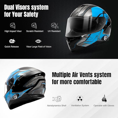 FreedConn BM12 Bluetooth Full Face Motorcycle Helmet with Intercom System Dual Visor Bluetooth 5.0 Motorbike Helmet 2~3 Riders Pair/ 500M/ FM ( Blue & Black, X-Large)