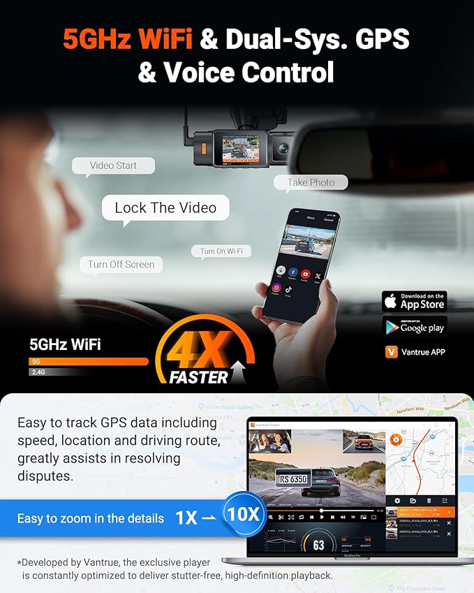 Vantrue N4S 3 Channel Front Inside Rear Dash Cam, 2.7K+1440P+1440P WiFi Dash Camera w/PlatePix™, STARVIS 2 x HDR x IR Night Vision, Voice Control, GPS, 24/7 Parking Mode, LTE Support, Support 1TB Max