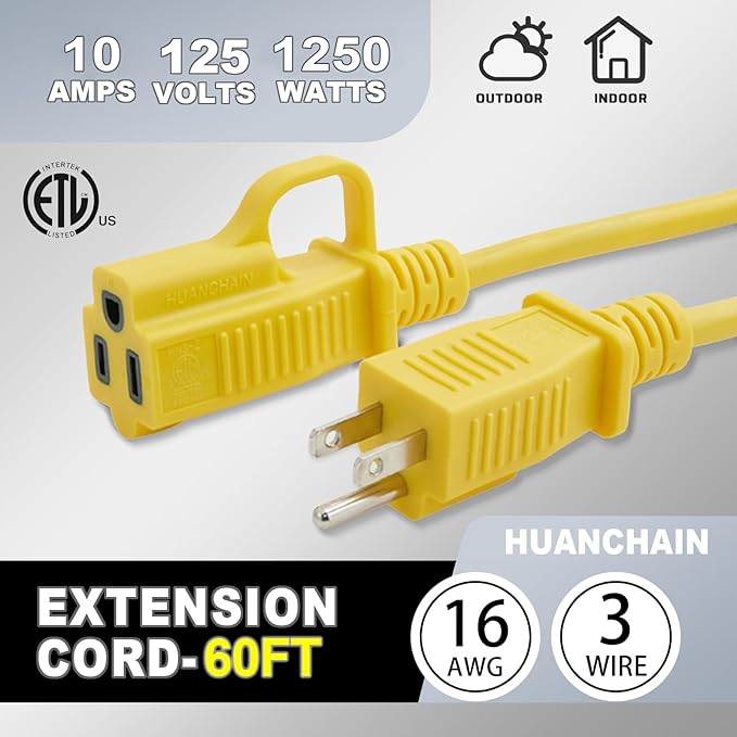 HUANCHAIN Outdoor Extension Cord 60 Foot Waterproof, 16/3 Gauge Flexible Cold-Resistant Appliance Extension Cable Outside, 10A 1250W 16AWG, 3 Prong Heavy Duty Electric Cord Yellow, ETL