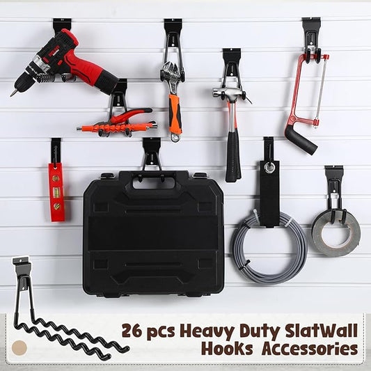 Landhoow 26 Pack Slatwall Accessories, 24 Pcs Multi Size Heavy Duty Slat Wall Hanging Hooks & Hangers with 2 Pcs Storage Straps for Storage Garage Wall Organization Garden Home Slatwall Paneling