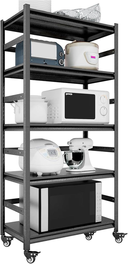 TOPKEY Metal Storage Shelf Garage Storage Shelves, Heavy Duty 5-Tier Utility Shelves for Kitchen, Warehouse, Pantry Shelves with Wheels, 72" H Adjustable Basement Storage Rack, Load 1750LBS