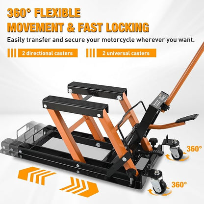Nilight Motorcycle Lift Jack 1500 LBS Hydraulic Lifts ATV Scissor Jacks with Wheel Foot Pedal Handle Ratchet Belt Heavy Duty Lifter Stand Hoist Table for Dirt Bike Garage Storage Repair Tool,Orange