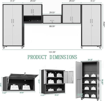 Metal Tool Cabinet,Garage Storage Cabinet System,Wall Cabinet & Locking Rolling Tool Cabinet with Doors and Adjustable Shelves,Steel Tool Cabinets for Home,Office (5 Pcs-StyleA, Black & Grey)