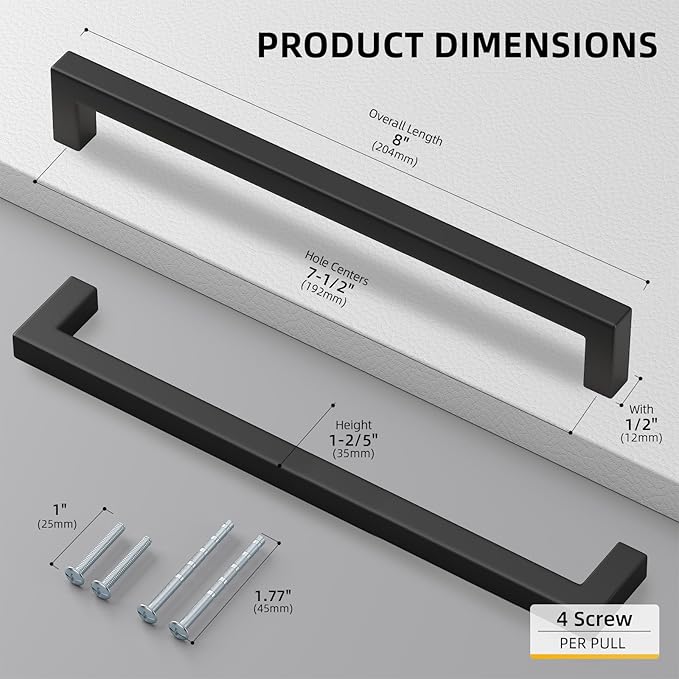 goldenwarm 100 Pack 7-1/2in Black Square Bar Cabinet Pull Drawer Handle Stainless Steel Modern Hardware for Kitchen and Bathroom Cabinets Cupboard,Center to Center 192mm Matte Black Drawer Pulls