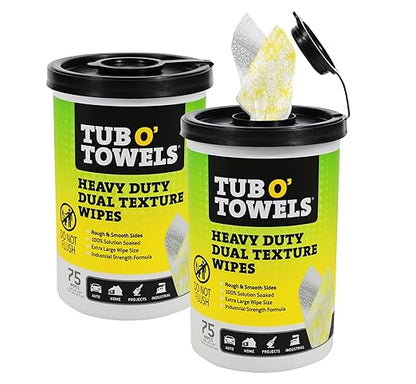 Tub O’ Towels TW75 Heavy-Duty 10" x 12" Size Multi-Surface Cleaning Wipes, Dual Texture, 75 Count Per Canister, 2 Pack