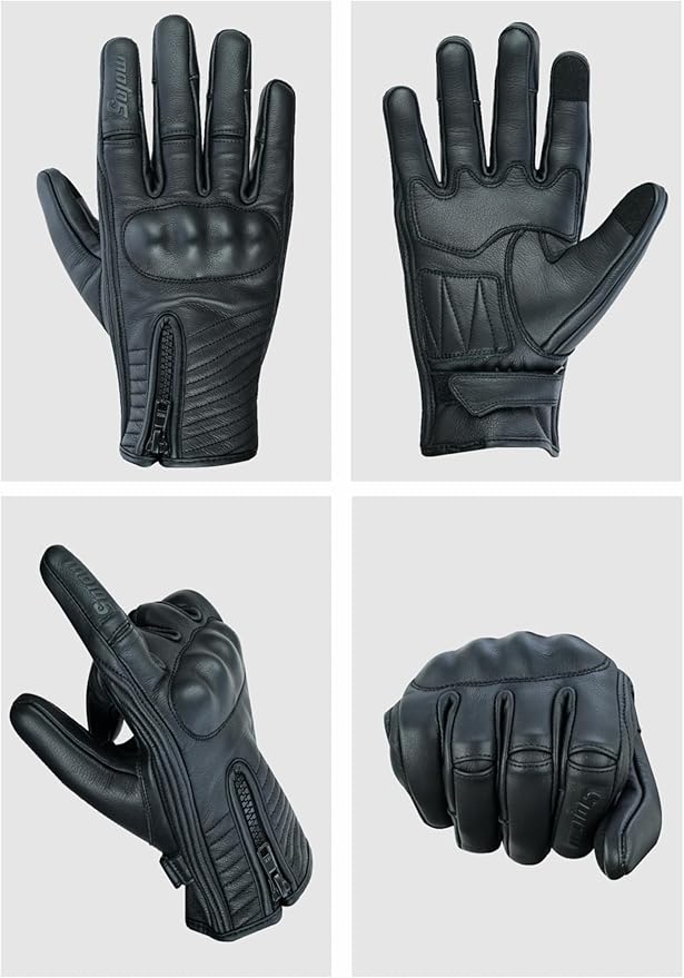 Full Finger Leather Motorcycle Gloves for Men & Women Touch Screen Gloves Premium Street Motorcycle Durable Protective Cruiser Biker Gel Leather Motorbike Gloves