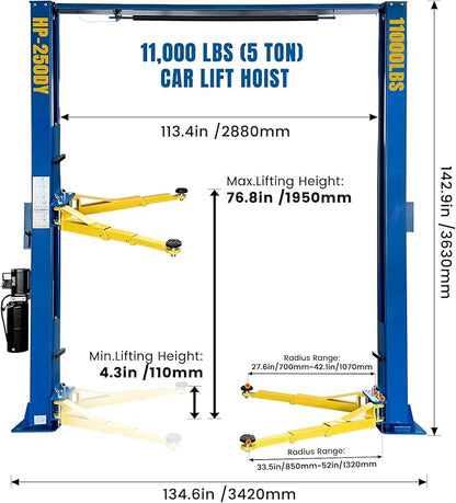 110V Two Post Car Lift 11,000 LBS Single-Sided Unlocking Overhead Heavy Duty 2 Posts Auto Hoist Truck Lift for Garage 3 Year Warranty
