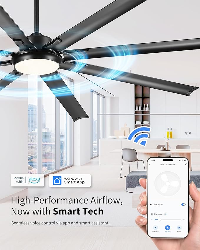 84 Inch Industrial Ceiling Fan with Light,Large Ceiling Fan with 8 Aluminum Blades,Work with Alexa,6-Speed Reversible DC Motor,3 CCT Settings,deal for Outdoor Spaces,CF04BK-84